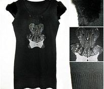 Черное вязаное платье-туника с мехом-вышивкой, XS-S-34-36