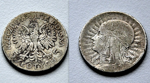Монета 5 злотых, Королева Ядвига, Польша 1933 г.