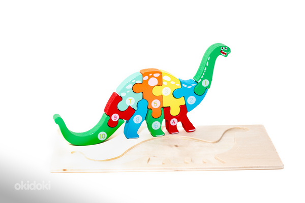 Деревянный детский 3D пазл динозавр, 10 шт новый (фото #1)