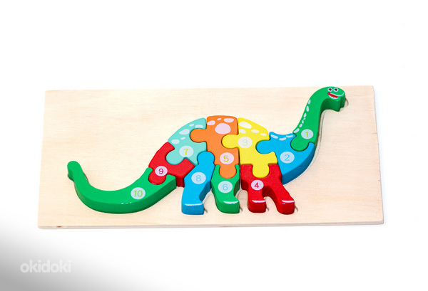 Деревянный детский 3D пазл динозавр, 10 шт новый (фото #3)