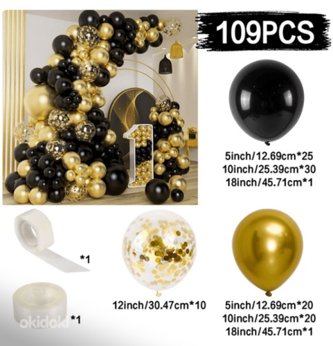 Suur õhupallide komplekt - mustad ja kuldsed õhupallid 109tk (foto #4)