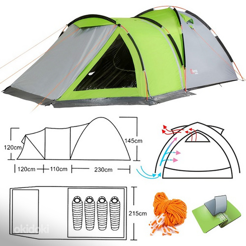 Палатка Traper 4-х местная, зелено/серая или желто/зеленая (фото #3)