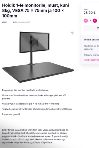 Hoidik/Mount/Stand 1-le monitorile, must, kuni 8kg