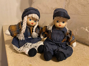 Vintage Pair Of Hansel and Gretel Dolls Porcelain Head Cloth