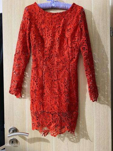 Эффектное ярко-красное роскошное кружевное мини-платье (фото #4)