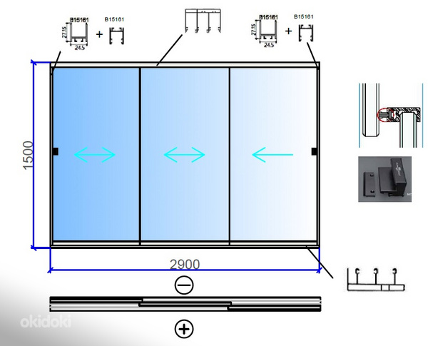 Slider Next bezrāmju bīdāmā sistēma, lodžija 3 m, 3 vērtnes