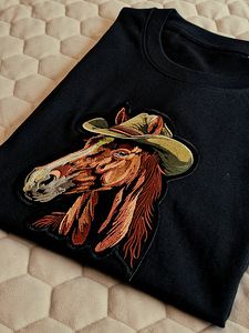 Oversize (unisex) T-särk tikandiga „Kauboikaabu hobune” (3 foto / 3)