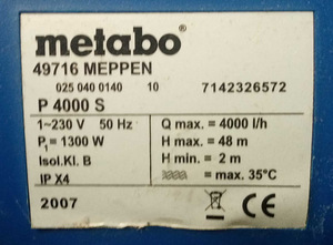 2 rikkis veepumpa Metabo P 4000 S 1500W (2 foto / 2)