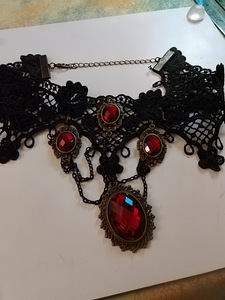 Vintage kaulakoru kristalli lasi helmillä musta pitsi (2 valokuva sivusta 4)