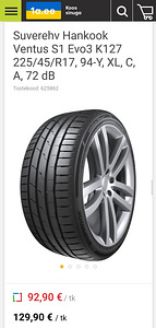 Suverehvid Hankook Ventus S1 Evo3 K127 225/45/R17