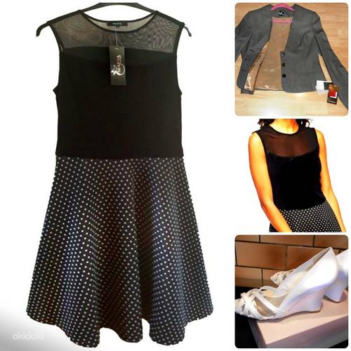 Стильное черное платье-стрейч с юбкой в горошек, L-XL-UK14 (фото #2)