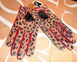 Ilusad veinipunane-leopard täisnahast kindad, M-L, uued (2 foto / 5)