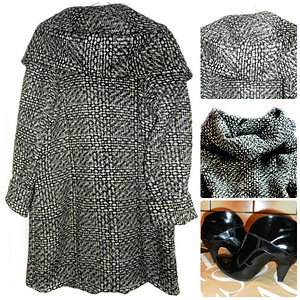 Efektne valge-hall-must mantel kapuutsiga, XL-2XL-Ru54 (9 foto / 9)