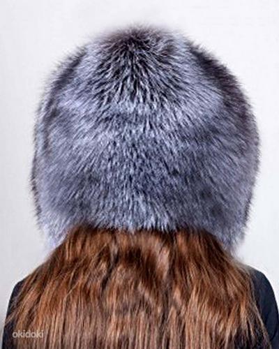Шикарная шапка-капюшон из серебристой чернобурой лисы, новая (фото #2)