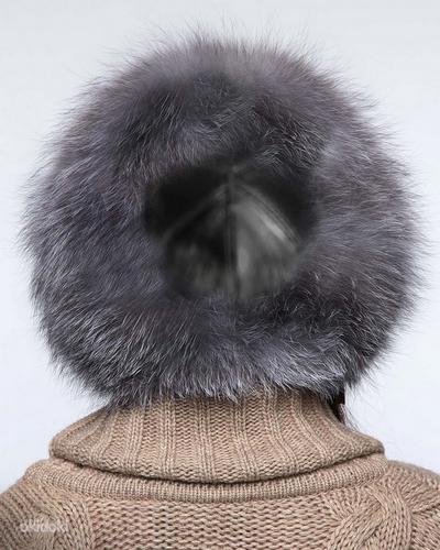 Шикарная шапка-капюшон из серебристой чернобурой лисы, новая (фото #7)