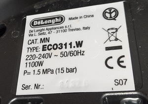 LOT! Kohvimasin DELONGHI ECO311.W 15Bar 1100W (5 foto / 5)