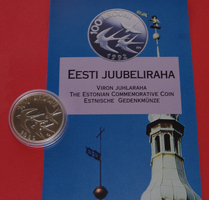 Eesti meenemünt (hõbe) 100 krooni 1992 pääsuke + infoleht (1 foto / 3)