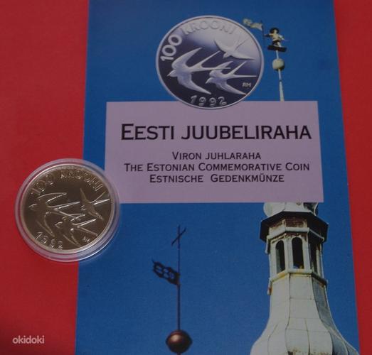 Eesti meenemünt (hõbe) 100 krooni 1992 pääsuke + infoleht (foto #1)
