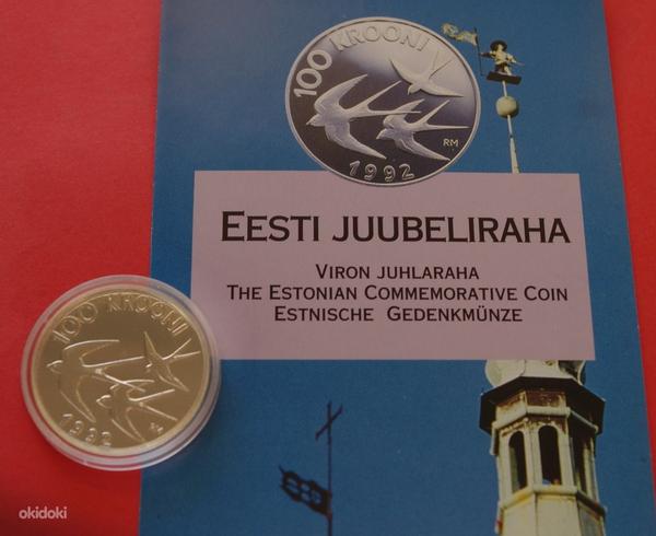 Eesti meenemünt (hõbe) 100 krooni 1992 pääsuke + infoleht (foto #2)
