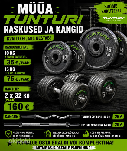 Tunturi 2 x 32kg hantlid, kangid ja raskused 5 - 15kg