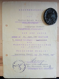 Немецкий 2 мс, 3 рейха черный знак раны с документом.