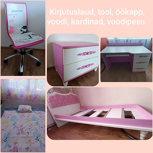 Tüdruku toa mööbel, voodi, kirjutuslaud, tool, öökapp,kardin (1 foto / 3)