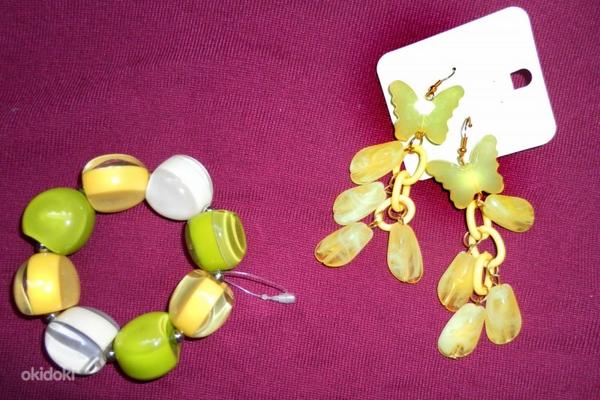 Модный желто-зеленый комплект: браслет-стрейч +серьги, новый (фото #2)