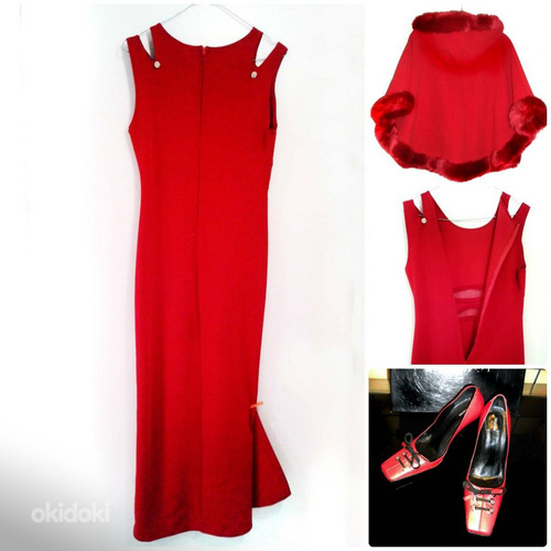 Красное длинное нарядное платье стрейч, S-M (фото #7)