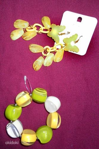 Модный желто-зеленый комплект: браслет-стрейч +серьги, новый (фото #3)