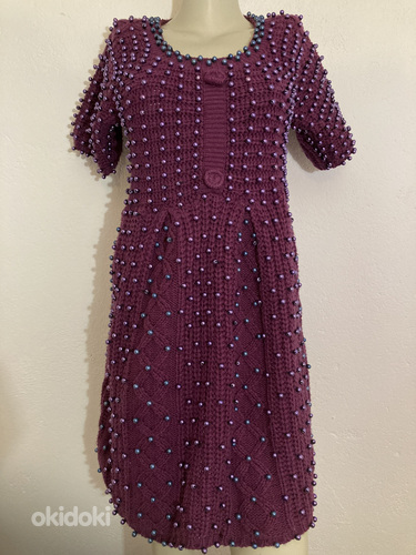 Вязаное платье-туника, украшено бусинами, ручная работа (фото #1)