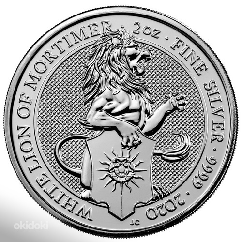 Серебряная монета 2 унции 2020 года, Белый лев Мортимера, Зверь королевы (фото #1)