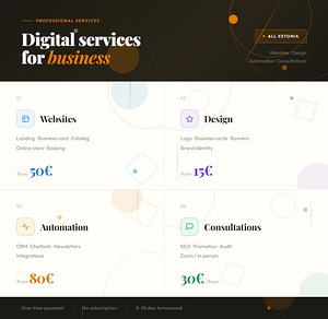 Veebileht, logo, CRM, chatbot ettevõttele (2 foto / 10)