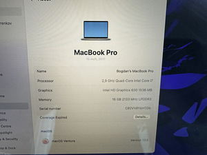 MacBook Pro 15, 2017,16GB, i7-2.9 GHz, 512GB, A1707, vene (2 foto / 4)
