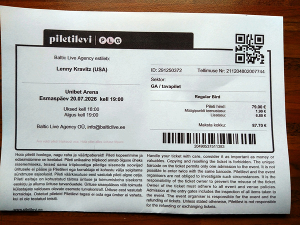 Lenny Kravitz kontserdi pilet