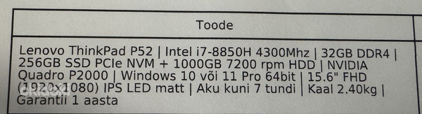 Lenovo ThinkPad P52. Garantii kuni 17.08.2024 (foto #3)