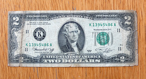 Банкнота номиналом 2 доллара США 1976 года.