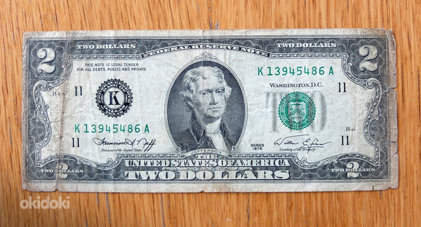 Банкнота номиналом 2 доллара США 1976 года. (фото #1)