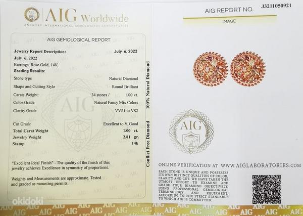 Золотые серьги , 1 карат цветные бриллианты , сертификат (фото #2)
