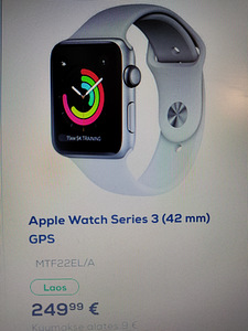 Apple Watch 3 GPS, 42 mm hõbedane/Valge